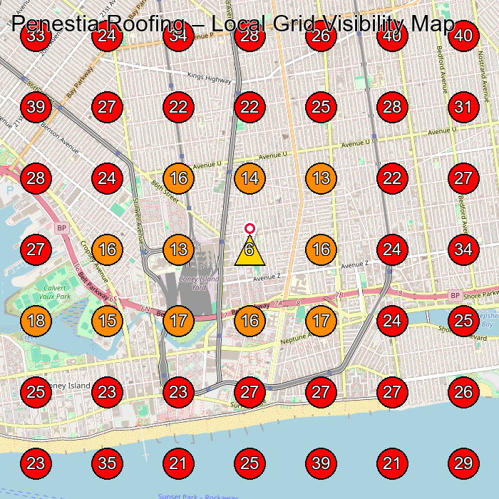Penestia Roofing GeoGrid visibility map for Roofing Contractor in Brooklyn